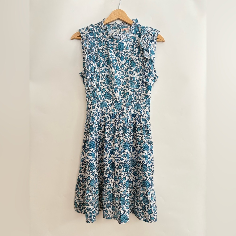 Banjanan Pleated Ruffle Short Sleeve Blue Floral Mini Dress